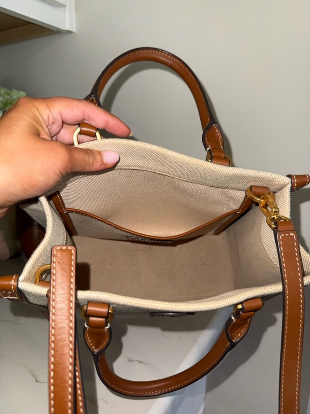 Tory Burch Beige Canvas Purse with Brown Leather Trim - Picture 5 of 13